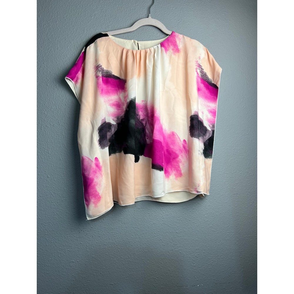 DKNY Abstract Print Short Sleeve Blouse Pink Multi Watercolor Boxy Top Small